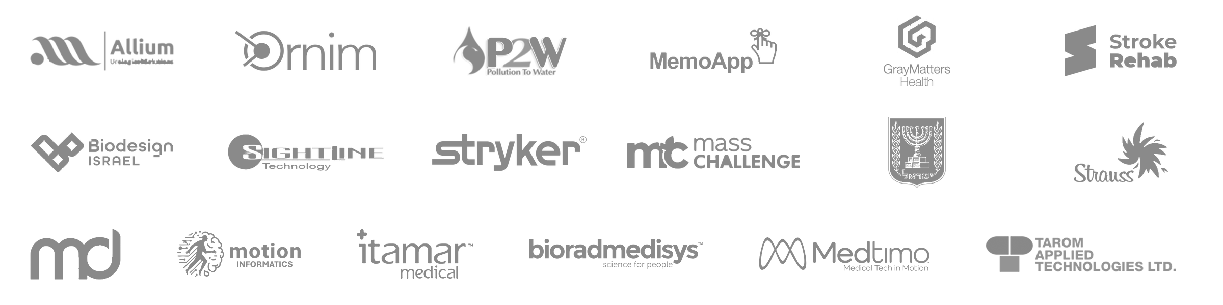 Logos of companies Gary Sagiv has worked with, including Allium, Ornim, P2W, MemoApp, GrayMatters Health, Stroke Rehab, Biodesign Israel, Sightline, Stryker, MassChallenge, Strauss, Motion Informatics, Itamar Medical, Biorad Medisys, Medtimo and Tarom Applied Technologies